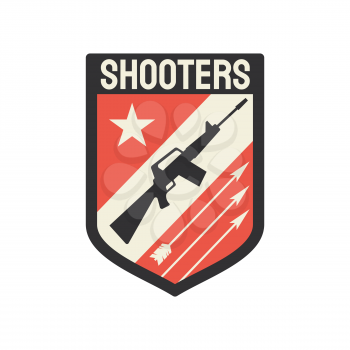 Military chevron shooters snipers gun isolated squad shield. Vector special sniper shield badge, american soldier insignia, US army patch with arrows and stars. Gunpoint gun, armored troops emblem