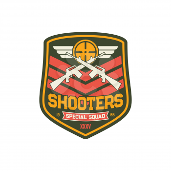 Shooters special snipers squad military chevron, crossed rifles and wings, army insignia with weapon. Vector sniper shield badge, american soldier insignia, US army patch, gunpoint gun, armored troops