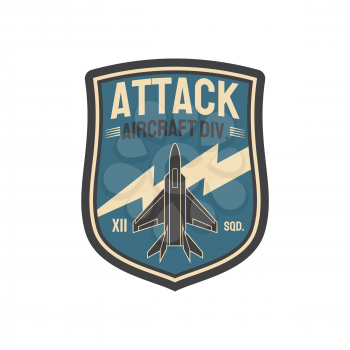 Aviation squad army chevron, aircraft division isolated insignia of airplane jet fighter patch on military uniform. Vector interceptor in attack defend position. Aircraft retro wwii plane on thunder