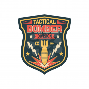 Aviation bomber jet fighter, bombing aircraft, patch on non-commissioned officers uniform with falling bomb. Vector label on military apparel, patch on officer uniform, army insignia bomber division