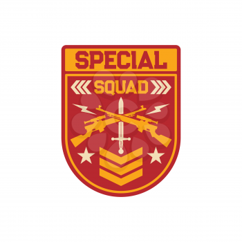 Shooters special snipers squad military chevron with crossed optical rifles and sword isolated. Vector american soldier insignia, US army patch with armour rifle. Gunpoint gun, armored troops emblem