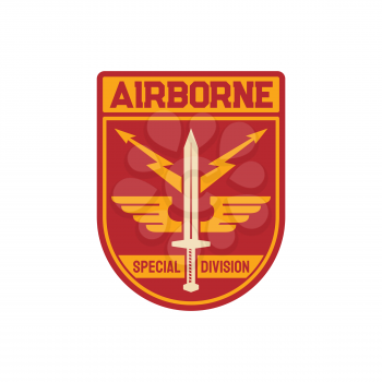 Airborne special division isolated military chevron, patch on uniform. Vector army air squad, emblem with sword, eagle wings and thunder. Parachuting skydiving aviation forces, shield with armed amour