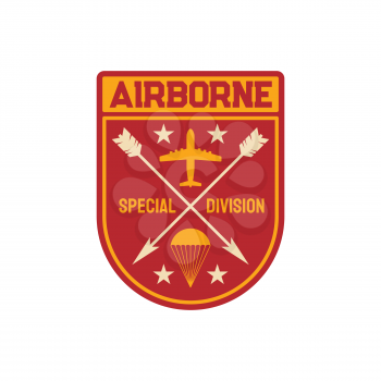 Military chevron airborne special division squad patch on uniform. Vector parachuting skydiving aviation forces, shield with armed amour. Army air squad, emblem with crossed arrows and plane