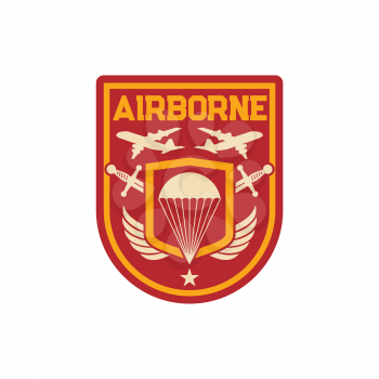 Airborne special division chevron, parachuting skydiving aviation forces isolated patch on uniform with parachute, airplanes, shield with eagle wings and crossed swords. Shield with armed amour weapon