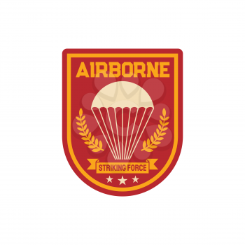 Striking forces airborne special division patch on uniform isolated military chevron label. Vector air army squad, emblem of parachuting skydiving aviation, shield with parachute, olive oil branches
