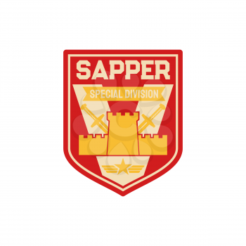 Sapper, pioneer combat engineers special division isolated chevron. Vector uniform patch, combatant soldier doing military engineering duties as breaching fortifications, demolitions, bridge-building