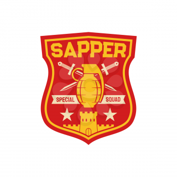 Sapper special squad, pioneer combat engineer division military chevron with bomb and crossed swords. Vector uniform patch, combatant soldier breaching fortifications subunit to destroy fortresses