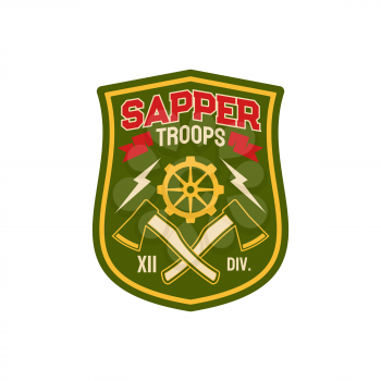 Sapper, pioneer combat engineers special division isolated chevron. Vector uniform patch, combatant soldier doing military engineering duties as breaching fortifications, demolitions, bridge-building