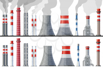 Industrial chimney pollution, factory pipes set with toxic air clouds. Vector plant tubes emitting dirty smoke, Co2 steam or smog. Manufacturing flues environment emission isolated on white background