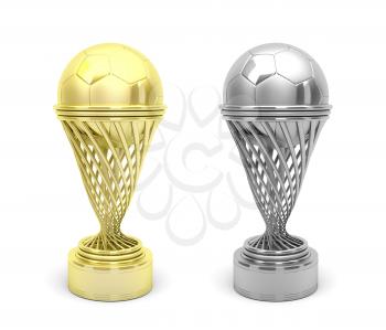 Silver and gold football trophies