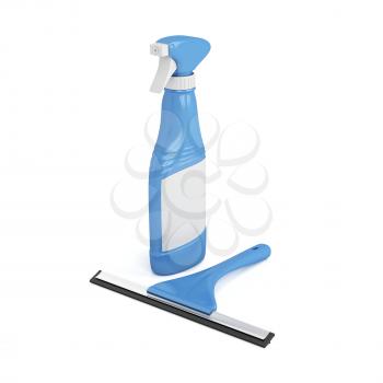 Squeegee and window cleaner spray bottle on white background