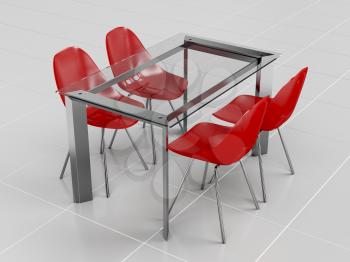 Glass dining table and red transparent plastic chairs