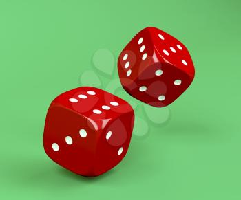 Red rolling dices on green background