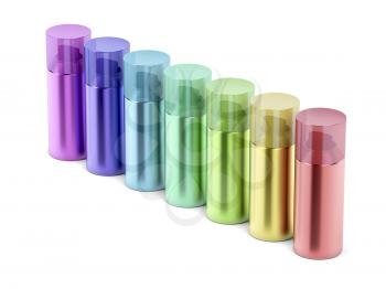 Group of aerosol spray cans with different colors on white background
