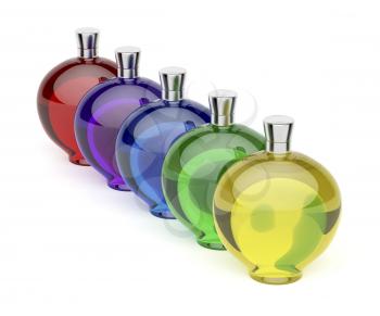 Row of five liqueur bottles with different colors