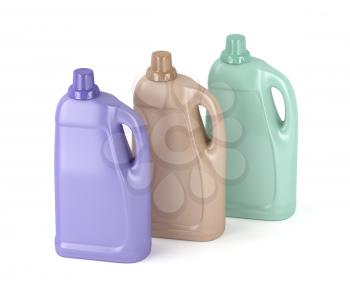 Three plastic bottles for liquid detergent with different colors