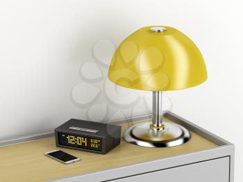 Nightstand with smartphone, digital alarm clock and electric lamp on it 