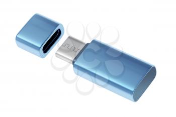 Blue usb-c flash stick isolated on white background