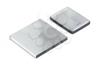 Portable optical disc drive and hard drive on white background