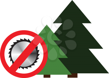 Royalty Free Clipart Image of Trees and a Saw Blade With a Cross Through It