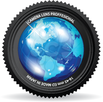Royalty Free Clipart Image of a Camera Lens With the World