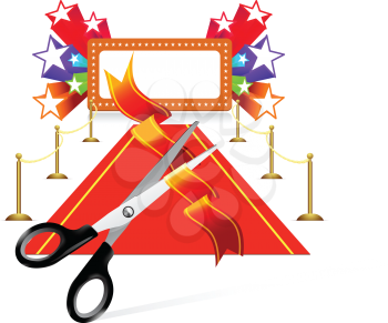 Royalty Free Clipart Image of a Red Carpet, Marquis and Ribbon Cutting
