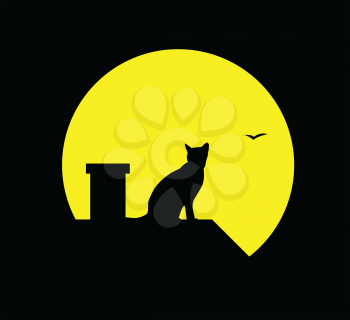 Royalty Free Clipart Image of a Cat Silhouetted Against a Full Moon