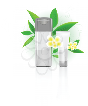 Royalty Free Clipart Image of Bottles and Frangipani