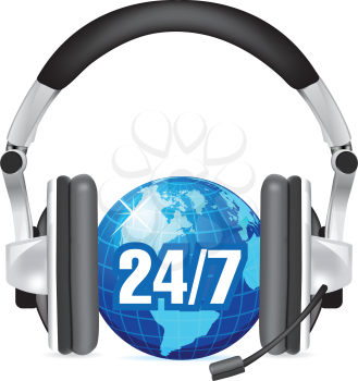 Royalty Free Clipart Image of a Globe With 24/7 and Headphones