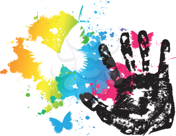 Royalty Free Clipart Image of a Grunge Handprint on a Smeared Background With a Butterfly