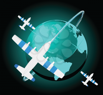 Royalty Free Clipart Image of Airplanes and a Globe