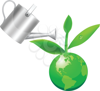 Royalty Free Clipart Image of a Watering Can on a Globe With a Plant