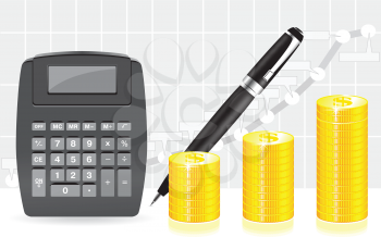 Royalty Free Clipart Image of Coins, a Pen and a Calculator