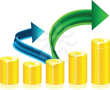 Royalty Free Clipart Image of Stacked Coins and Arrows