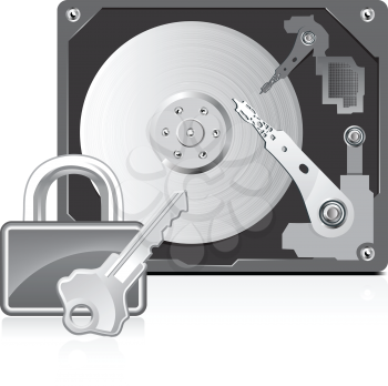 Royalty Free Clipart Image of a Hard Drive With Lock and Key