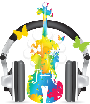 Royalty Free Clipart Image of Headphones on an Abstract Violin With Butterflies