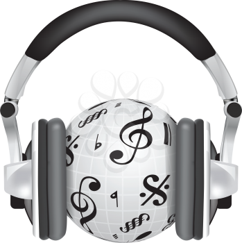 Royalty Free Clipart Image of Headphones on a Globe With Music Symbols