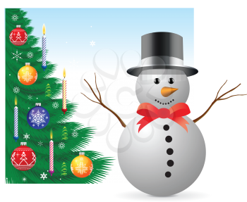 Royalty Free Clipart Image of a Snowman and Decorated Christmas Tree