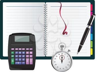 Royalty Free Clipart Image of a Calculator, Book and Stopwatch