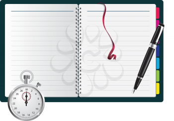 Royalty Free Clipart Image of a Notepad, Pen and Stopwatch