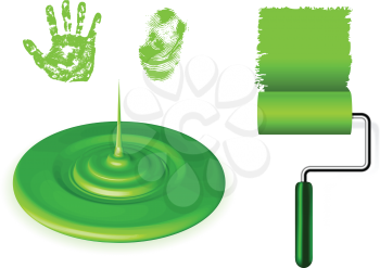 Royalty Free Clipart Image of a Paintbrush, Handprints and Splashed Paint