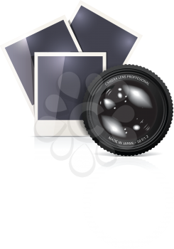 Royalty Free Clipart Image of a Camera Lens and Blank Pictures