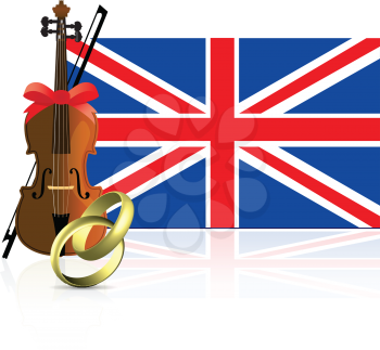 Royalty Free Clipart Image of a British Flag, Violin and Wedding Rings