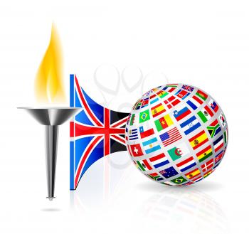 Torch with flame with england flag and globe from flags other countries. Vector illustration