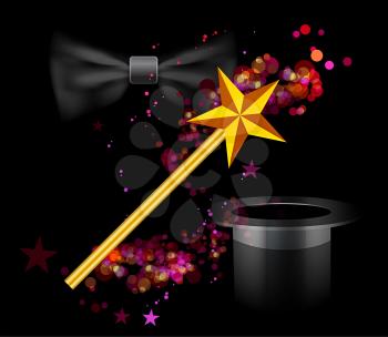 Magic background with wand, bow and hat on black. Vector illustration