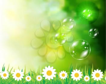 Soap bubbles on green natural background. Vector