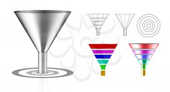 Conversion funnel over a white background with a target. Vector set illustration