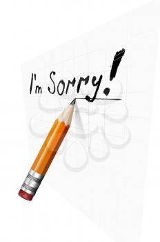 Say sorry with a text message on paper and pencil. Vector illustration