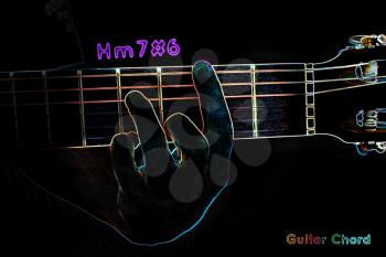 Guitar chord on a dark background, stylized illustration of an X-ray. Hm7#6 chord