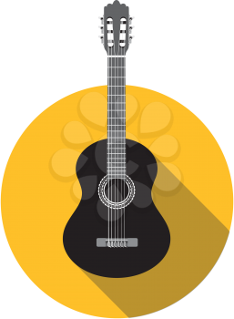 Flat classical guitar on yellow background.  Vector illustration with long shadow